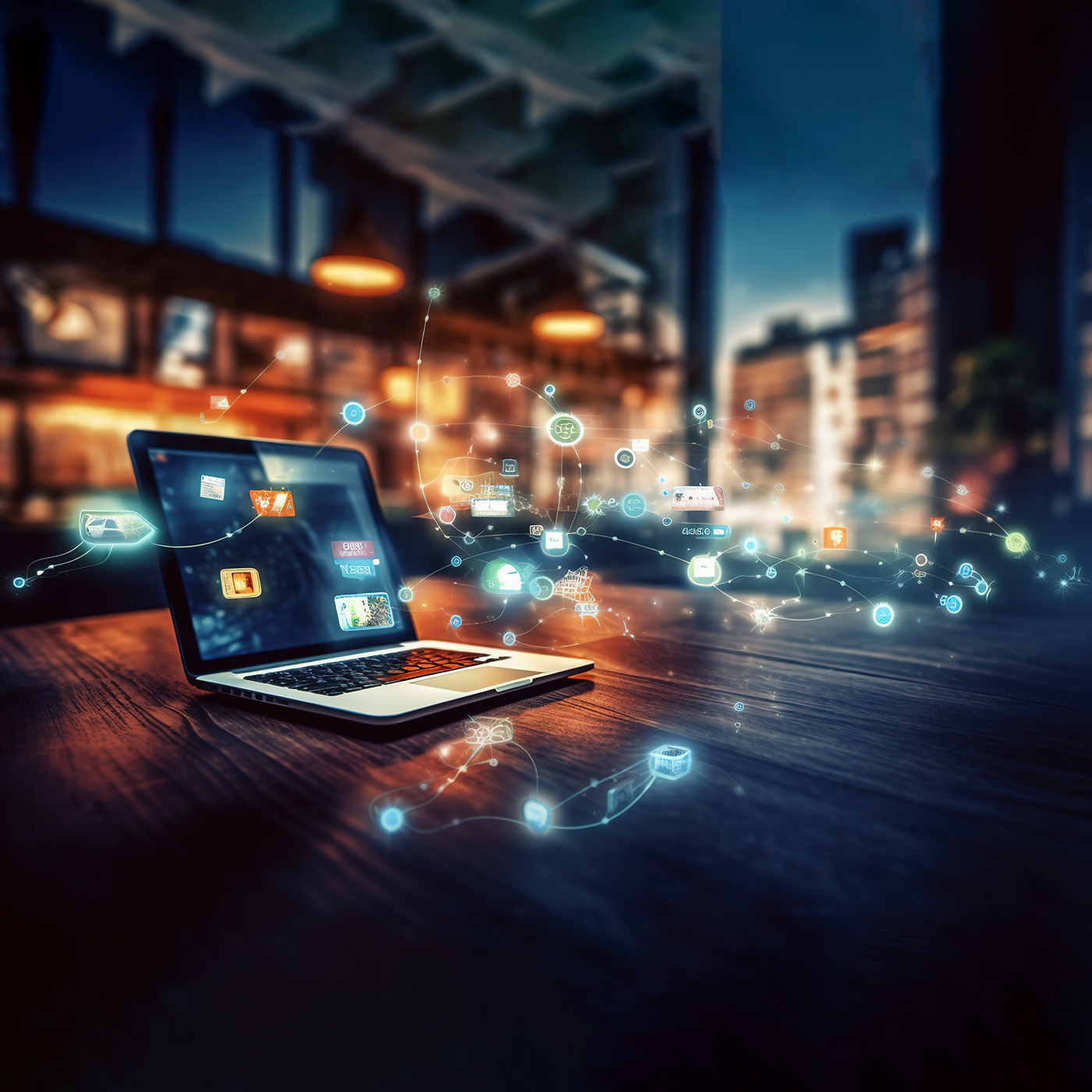 Social advertising visualisation on a laptop with city skyline in the background