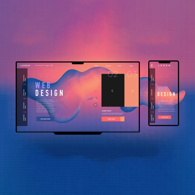 Mondern trends in web design concept artwork displayed on a desktop and mobile